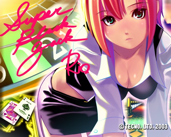 Anime picture 1280x1024 with rio rainbow gate! rio rollins koutaro single light erotic green eyes cleavage casino girl card (cards) roulette