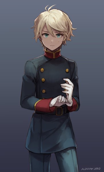 Anime picture 600x987 with aldnoah.zero a-1 pictures slaine troyard tomari (veryberry00) single tall image looking at viewer fringe short hair simple background blonde hair hair between eyes standing ahoge aqua eyes grey background copyright name sweatdrop double buttons frown