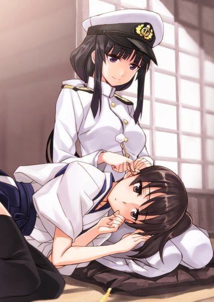 Anime picture 853x1200 with kantai collection kaga aircraft carrier female admiral (kantai collection) matsuryuu long hair tall image black hair sitting purple eyes multiple girls brown eyes looking away lying looking down low ponytail lap pillow girl thighhighs uniform black thighhighs