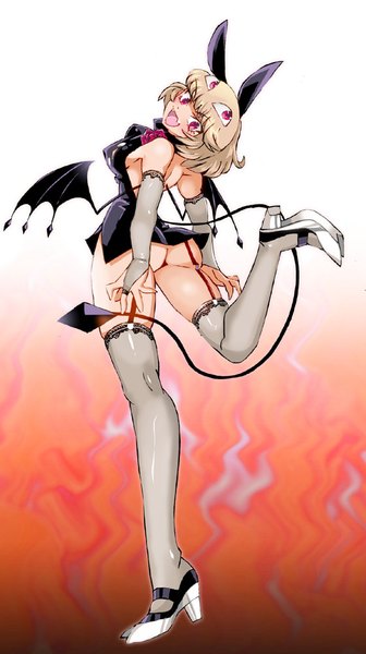 Anime picture 560x1000 with debyi za korushifa wa makezugirai debby the corsifa onnaski single tall image looking at viewer fringe short hair breasts open mouth light erotic simple background blonde hair smile red eyes large breasts standing animal ears full body ass
