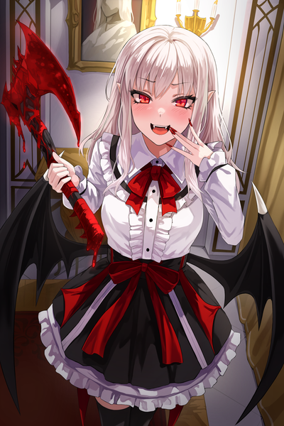 Anime picture 3000x4500 with original ldl (bcw1025) single long hair tall image looking at viewer blush fringe highres open mouth red eyes standing white hair indoors blunt bangs nail polish :d fingernails from above pointy ears