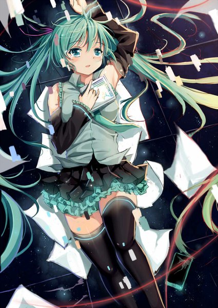 Anime picture 816x1153 with vocaloid hatsune miku soulkiller (brz) single tall image blush open mouth twintails very long hair aqua eyes aqua hair girl thighhighs skirt black thighhighs detached sleeves necktie