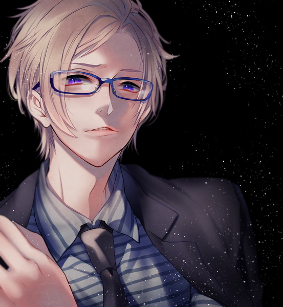 Anime picture 1500x1627 with a3! furuichi sakyou nipponia nippon single tall image short hair simple background blonde hair purple eyes upper body mole mole under eye black background striped boy glasses necktie