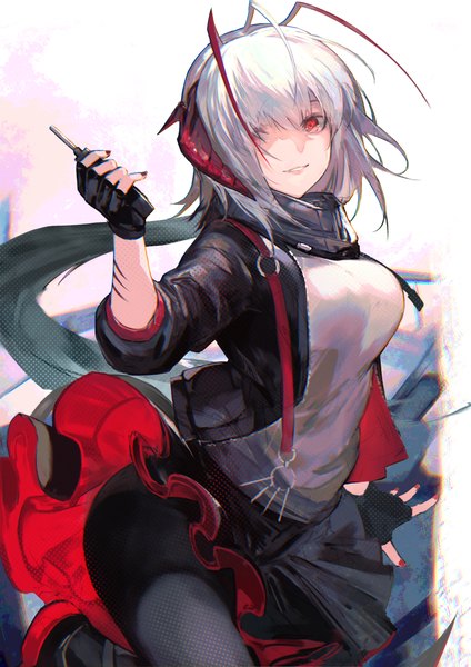 Anime picture 2894x4093 with arknights w (arknights) shirataki jiro single tall image looking at viewer fringe highres short hair light erotic simple background smile red eyes standing holding silver hair ahoge nail polish parted lips horn (horns)