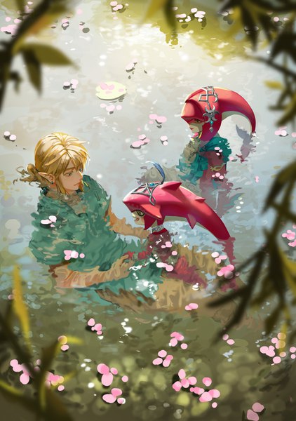 Anime picture 2600x3700 with the legend of zelda the legend of zelda: breath of the wild nintendo link mipha sidon nuavic long hair tall image fringe highres open mouth blue eyes blonde hair hair between eyes holding green eyes payot looking away outdoors