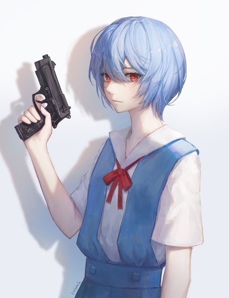 Anime picture 2480x3232 with neon genesis evangelion gainax ayanami rei zieru single tall image fringe highres short hair simple background hair between eyes red eyes blue hair upper body shadow expressionless girl uniform weapon school uniform