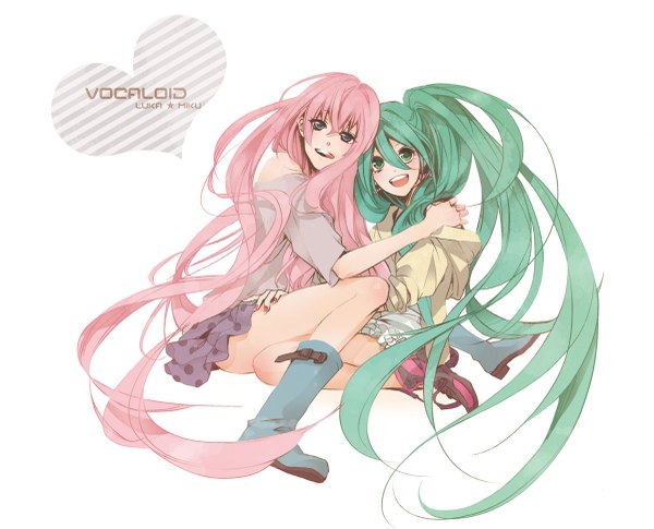 Anime picture 1200x971 with vocaloid hatsune miku megurine luka nagi kanami long hair open mouth blue eyes simple background white background sitting twintails multiple girls green eyes pink hair green hair inscription hug girl 2 girls boots