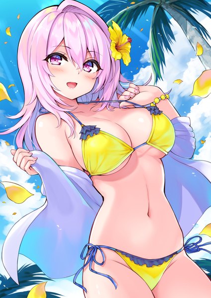 Anime picture 708x1000 with cu-no yayoi sakura hisenkaede single long hair tall image looking at viewer blush fringe breasts open mouth light erotic smile hair between eyes large breasts standing payot pink hair sky cleavage