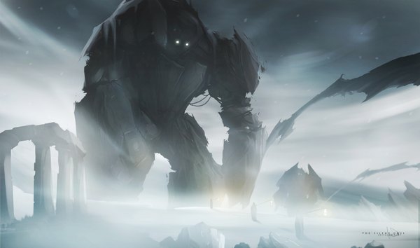Anime picture 2000x1181 with original keepwalking07 highres wide image wallpaper glowing snow glowing eye (eyes) ruins destruction fog wire (wires) robot mecha