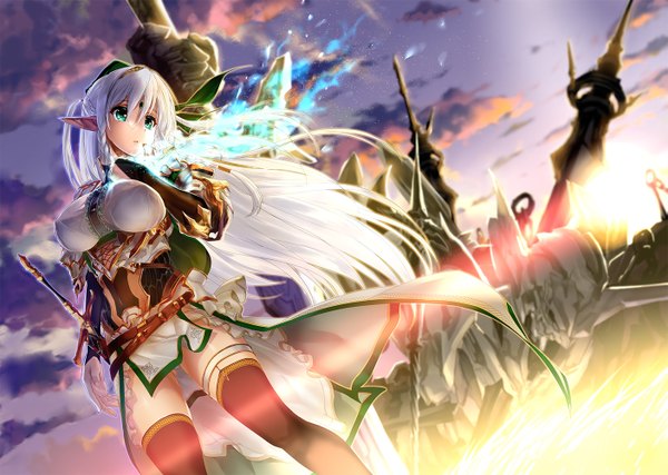Anime picture 1405x1000 with original kiryuu takahisa single long hair breasts blue eyes light erotic large breasts sky cloud (clouds) white hair pointy ears magic girl thighhighs weapon black thighhighs sword mecha