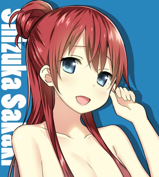 Anime picture 1080x1200 with shirobako p.a. works sakaki shizuka sky-freedom single long hair tall image looking at viewer blush open mouth light erotic simple background bare shoulders upper body red hair shadow hair bun (hair buns) character names topless blue background