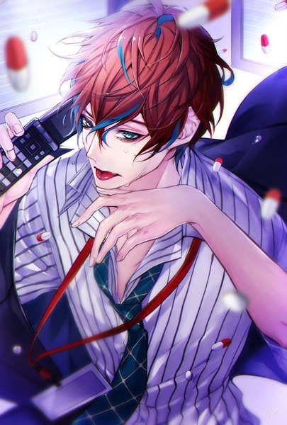Anime picture 676x1000 with hypnosis mic kannonzaka doppo tottome single tall image fringe short hair hair between eyes red hair multicolored hair aqua eyes from above two-tone hair sweat streaked hair striped open collar boy shirt necktie