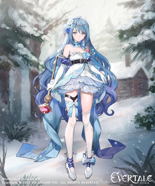 Anime-Bild 2500x3000 mit evertale snow white (evertale) azu-taro single tall image looking at viewer fringe highres breasts blue eyes hair between eyes standing holding signed blue hair cleavage full body outdoors very long hair parted lips