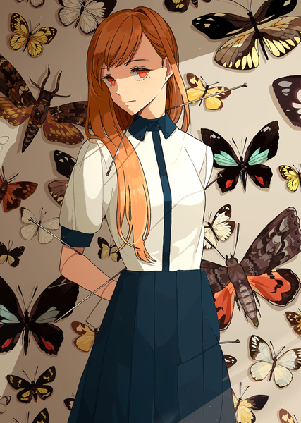 Anime picture 800x1124 with original kurokeisin single long hair tall image looking at viewer fringe red eyes brown hair turning head hands behind back girl insect butterfly blouse needle