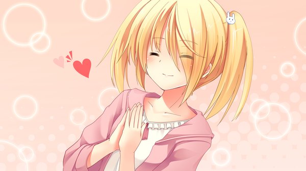 Anime picture 2560x1440 with love la bride yuki nao mutou kurihito blush highres short hair blonde hair wide image twintails game cg eyes closed short twintails girl
