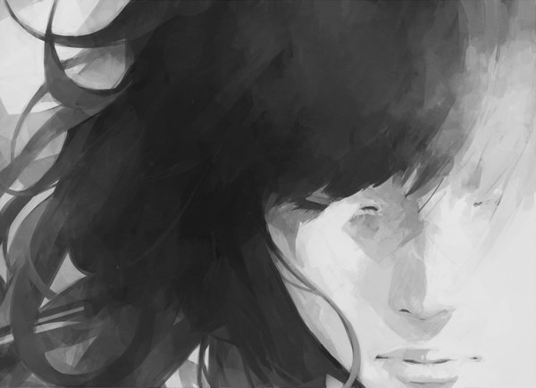 Anime-Bild 1945x1413 mit original tae (artist) single highres eyes closed grey hair realistic monochrome portrait face girl