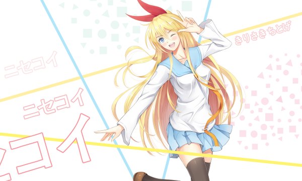 Anime picture 2500x1500 with nisekoi shaft (studio) kirisaki chitoge ltt challenger single long hair looking at viewer blush highres open mouth blue eyes blonde hair wide image one eye closed wink girl thighhighs skirt uniform ribbon (ribbons)
