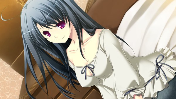 Anime picture 1280x720 with end sleep single long hair looking at viewer black hair wide image purple eyes game cg girl shirt bed