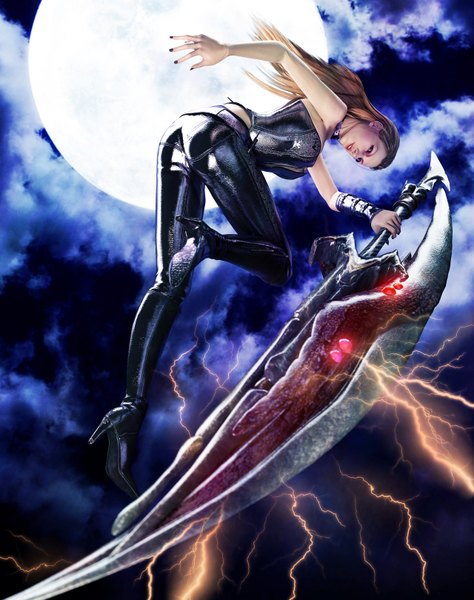 Anime picture 1280x1620 with devil may cry trish single long hair tall image blue eyes blonde hair smile bare shoulders sky cloud (clouds) ass night night sky lipstick red lipstick jumping lightning girl weapon