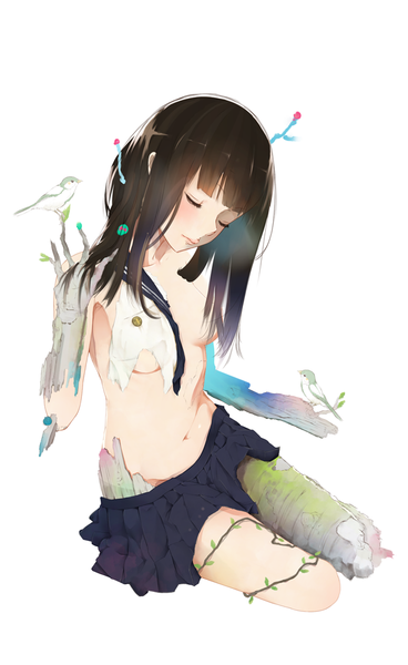 Anime picture 613x1000 with hyouka kyoto animation chitanda eru nosaki viola long hair tall image blush fringe breasts light erotic simple background brown hair white background eyes closed pleated skirt hair over breasts mutation girl skirt navel