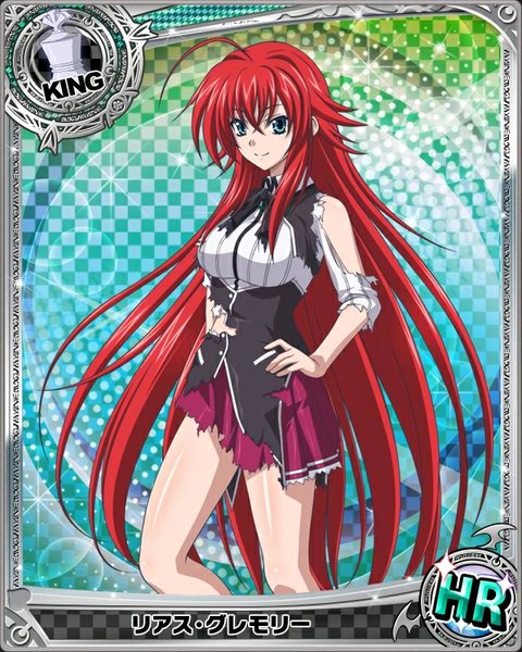 Anime picture 640x800 with highschool dxd rias gremory single tall image looking at viewer blue eyes smile red hair very long hair torn clothes card (medium) girl uniform school uniform