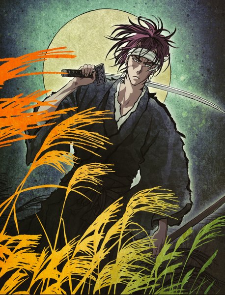 Anime picture 3209x4201 with bleach studio pierrot abarai renji tagme (artist) tall image highres absurdres red hair japanese clothes weapon over shoulder weapon plant (plants) sword katana grass full moon hachimaki