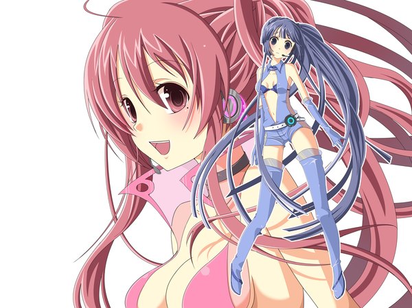 Anime picture 4978x3733 with original hiiro (kikokico) blush highres open mouth simple background white background bare shoulders multiple girls blue hair pink hair absurdres cleavage ahoge very long hair pink eyes mole grey eyes sleeveless mole under eye