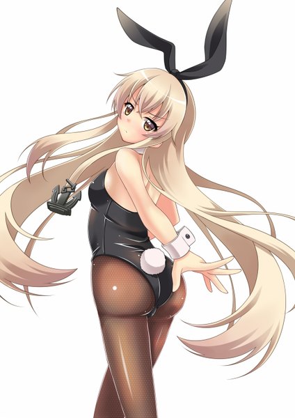 Anime picture 1050x1485 with kantai collection shimakaze destroyer nanappe single long hair tall image blush fringe light erotic simple background blonde hair white background brown eyes ass tail looking back alternate costume embarrassed girl thighhighs