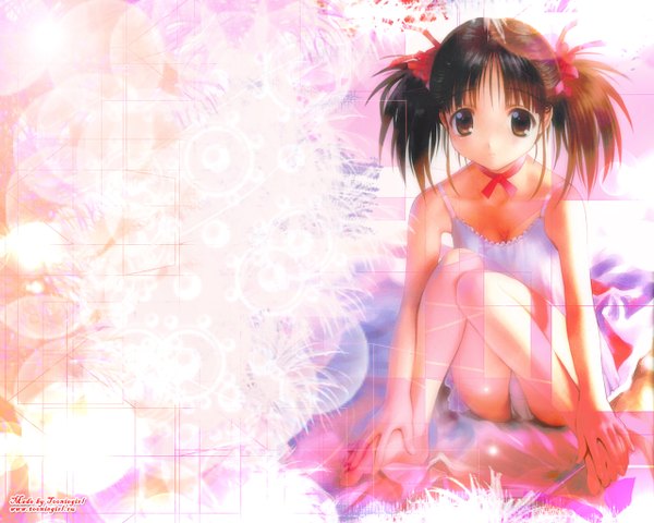 Anime picture 1280x1024 with single short hair light erotic brown hair twintails short twintails knees touching girl ribbon (ribbons)