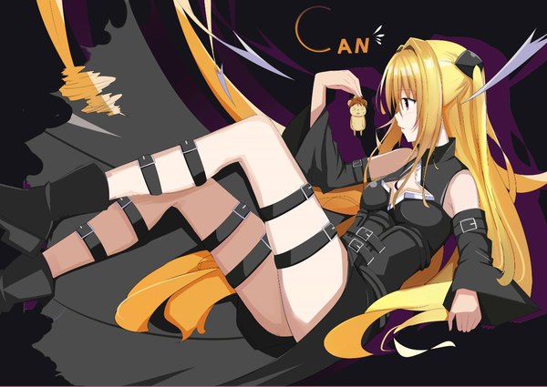 Anime picture 1268x899 with toloveru toloveru darkness xebec konjiki no yami h.l. long hair blush fringe blonde hair sitting twintails holding looking away bent knee (knees) long sleeves parted lips profile pink eyes wide sleeves leg lift (legs lift)