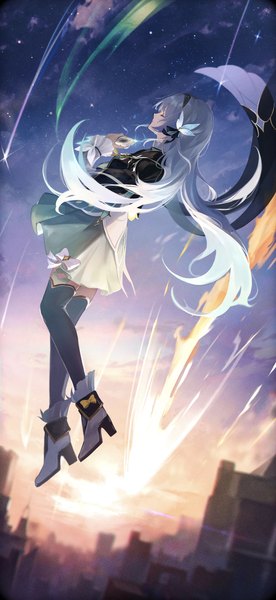 Anime picture 3183x6926 with honkai: star rail honkai (series) firefly (honkai: star rail) anna (drw01) single long hair tall image highres absurdres full body eyes closed profile grey hair midair girl thighhighs shoes ankle boots