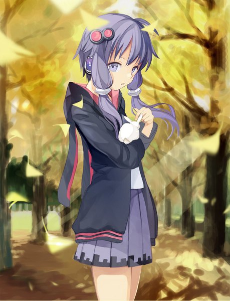 Anime picture 1000x1306 with vocaloid yuzuki yukari kari kenji single long hair tall image looking at viewer purple eyes twintails purple hair ahoge parted lips low twintails autumn girl hair ornament plant (plants) animal tree (trees) headphones