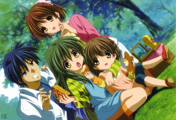 Anime picture 5962x4085 with clannad key (studio) furukawa nagisa ibuki fuuko okazaki ushio okazaki tomoya long hair blush highres short hair open mouth blue eyes brown hair multiple girls brown eyes yellow eyes blue hair absurdres green hair teeth