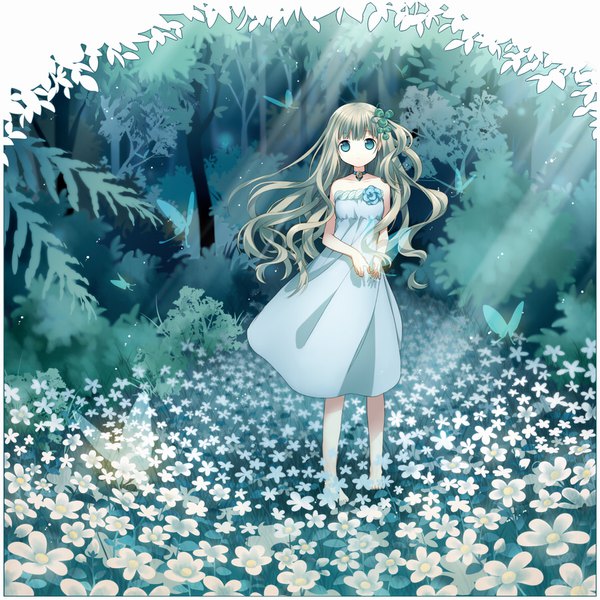 Anime picture 900x900 with original yamiko single long hair looking at viewer fringe blue eyes blonde hair full body outdoors barefoot sunlight one side up sunbeam girl dress flower (flowers) plant (plants) tree (trees) insect