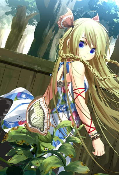 Anime picture 750x1100 with original kouji (astral reverie) single long hair tall image looking at viewer blue eyes blonde hair braid (braids) twin braids girl dress hair ornament plant (plants) tree (trees) insect butterfly butterfly hair ornament