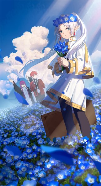 Anime picture 2480x4560 with sousou no frieren frieren fern (sousou no frieren) stark (sousou no frieren) xiu kukkii long hair tall image highres short hair blue eyes standing twintails multiple girls sky silver hair purple hair cloud (clouds) outdoors red hair wind