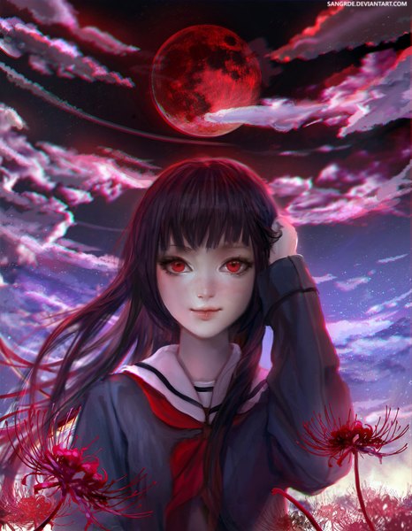 Аниме картинка 900x1157 с адская девочка studio deen enma ai sangrde один (одна) длинные волосы высокое изображение смотрит на зрителя румянец чёлка чёрные волосы улыбка красные глаза подписанный пейсы облако (облака) прямая чёлка ветер губы ночь