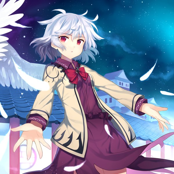 Anime picture 1000x1000 with touhou kishin sagume abusoru single short hair red eyes white hair parted lips night night sky spread arms angel wings single wing girl dress wings building (buildings) star (stars) feather (feathers) house