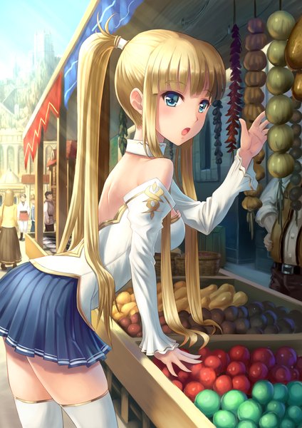 Anime picture 1414x2000 with original youbou single long hair tall image blush open mouth blue eyes blonde hair bare shoulders ponytail revision girl dress detached sleeves vegetables