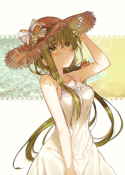 Anime picture 700x980 with shiro seijo to kuro bokushi original cecilia (shiro seijo to kuro bokushi) teigi single long hair tall image looking at viewer blush fringe breasts blonde hair hair between eyes yellow eyes upper body shadow sleeveless adjusting hat girl dress