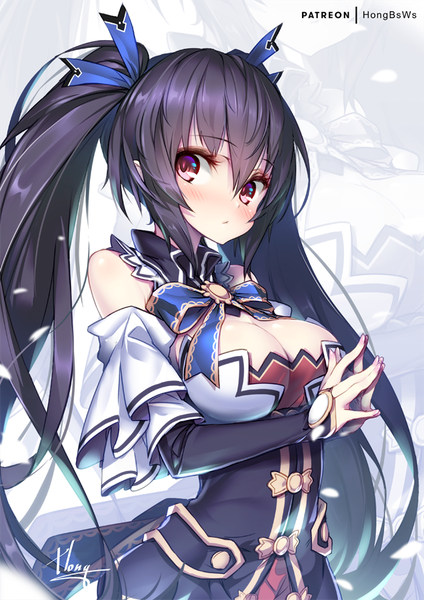 Anime picture 636x900 with choujigen game neptune noire hong (white spider) single long hair tall image looking at viewer blush fringe breasts light erotic black hair simple background hair between eyes red eyes large breasts twintails signed payot cleavage