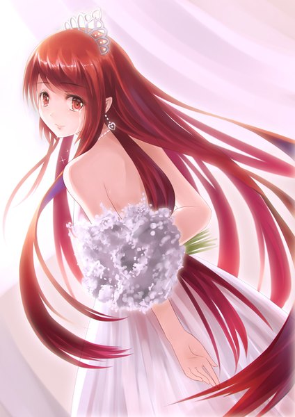 Anime picture 1000x1414 with xiaoyin li single long hair tall image red eyes white background bare shoulders red hair looking back tears girl dress earrings tiara