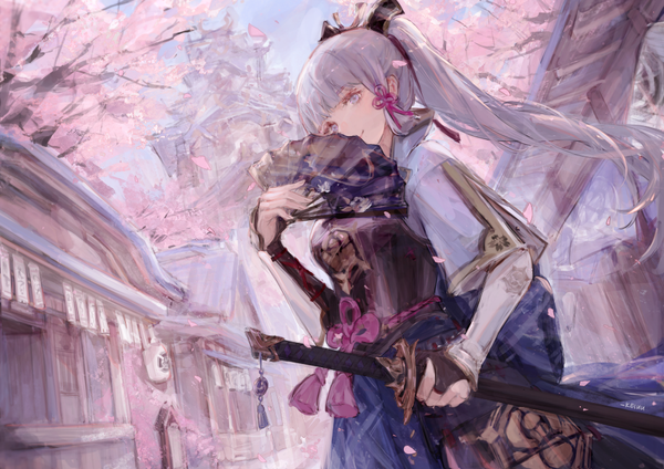 Anime-Bild 1000x707 mit genshin impact kamisato ayaka keiuu single long hair looking at viewer fringe smile signed silver hair outdoors ponytail blunt bangs cherry blossoms city covered mouth silver eyes sheathed tress ribbon architecture