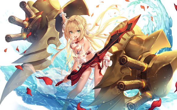 Anime picture 8497x5286 with fate (series) fate/grand order nero claudius (fate) (all) nero claudius (swimsuit caster) (fate) godoju single long hair looking at viewer blush fringe highres breasts open mouth light erotic blonde hair smile hair between eyes wide image standing holding