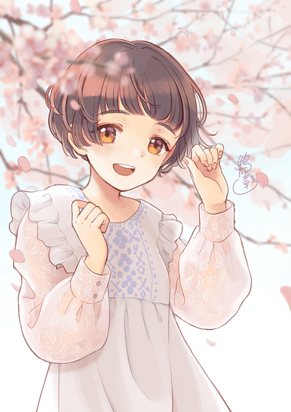 Anime picture 900x1273 with original kamogawa akira single tall image short hair open mouth brown hair signed upper body outdoors nail polish :d orange eyes cherry blossoms girl dress petals branch