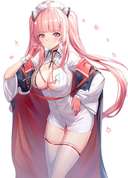 Anime picture 864x1200 with azur lane perseus (azur lane) perseus (nursery service time) (azur lane) ririko (zhuoyandesailaer) single long hair tall image looking at viewer blush fringe breasts light erotic simple background large breasts white background twintails payot pink hair blunt bangs pink eyes