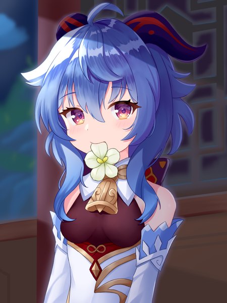 Anime picture 750x1000 with genshin impact ganyu (genshin impact) meifu (meowmere) single long hair tall image fringe hair between eyes purple eyes holding blue hair upper body ahoge horn (horns) mouth hold bell collar flower in mouth girl flower (flowers) detached sleeves