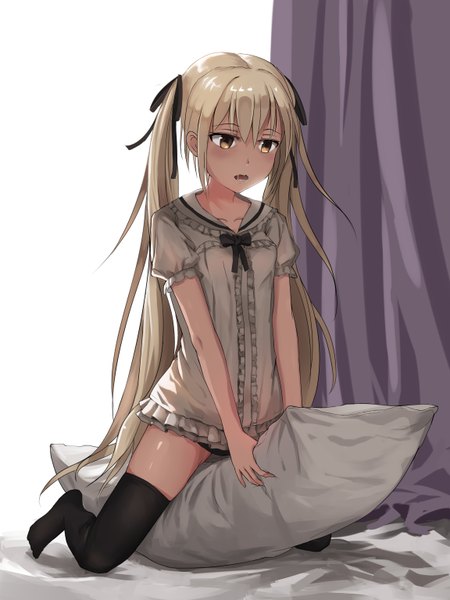 Anime picture 2304x3072 with yosuga no sora kasugano sora newnand single long hair tall image blush fringe highres open mouth light erotic standing sitting twintails brown eyes bent knee (knees) teeth fang (fangs) embarrassed no shoes