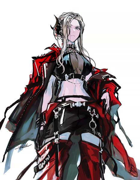 Anime picture 800x1030 with fire emblem fire emblem: three houses nintendo edelgard von hresvelg danhu single long hair tall image breasts light erotic standing purple eyes signed looking away white hair off shoulder from below midriff alternate costume clothes on shoulders