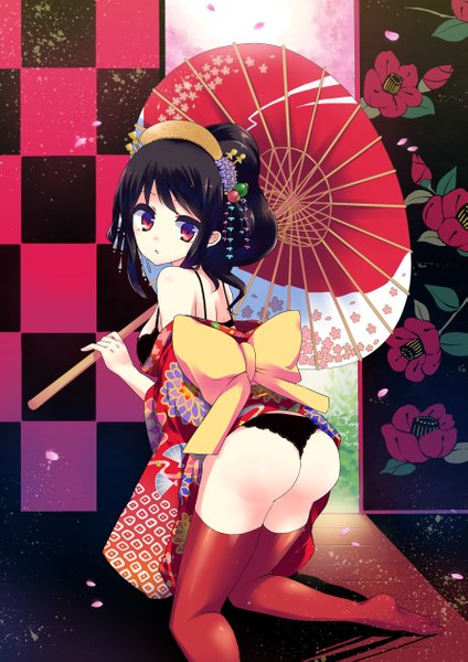 Anime picture 1781x2519 with original gucchiann long hair tall image looking at viewer highres light erotic black hair red eyes ass traditional clothes girl thighhighs hair ornament underwear panties bow petals umbrella